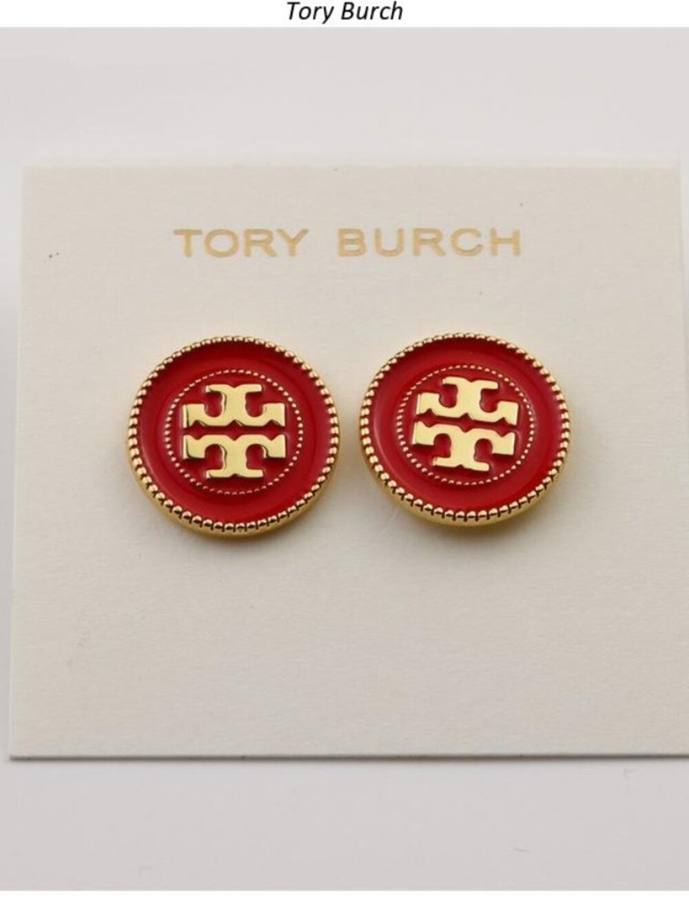 Tory Burch Red and Gold Logo Button Earrings